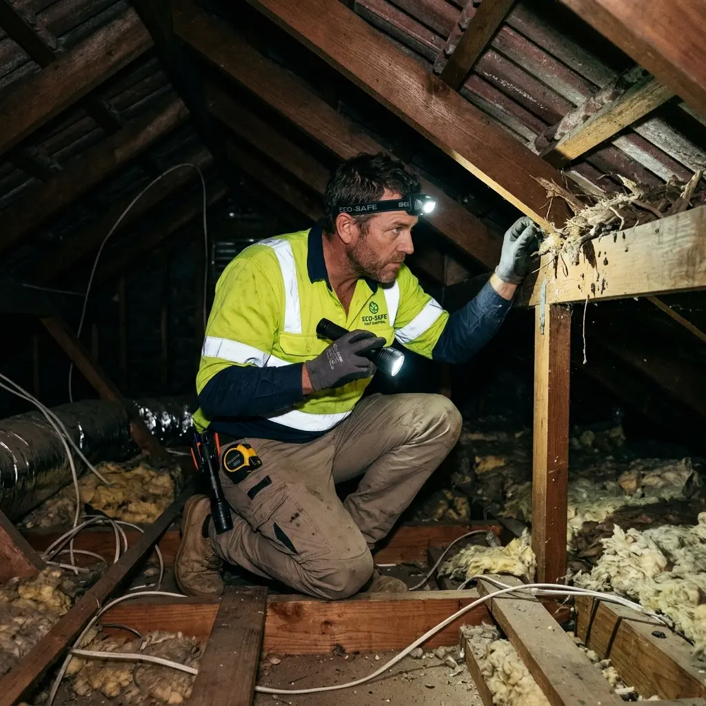 Technician inspecting a roof cavity for a dead animal in Mount Eliza